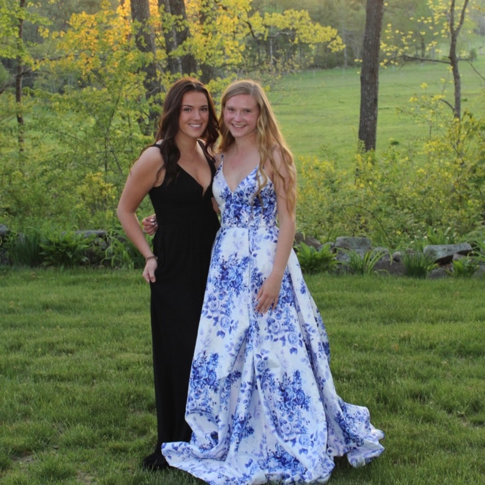 Alyce Paris 1538, White and Blue Floral Prom Dress